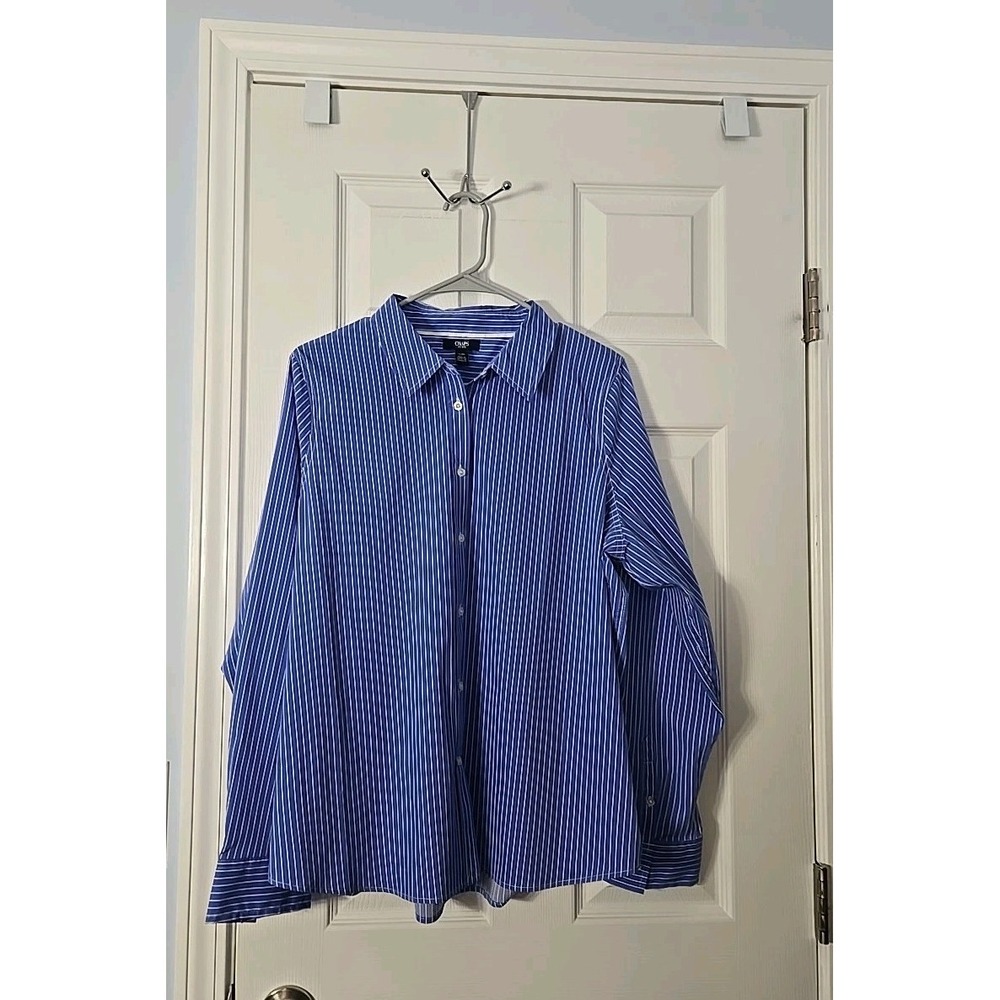 Chaps Womans Long Sleeve Button Up Shirt Blue Pinstripe Size XL